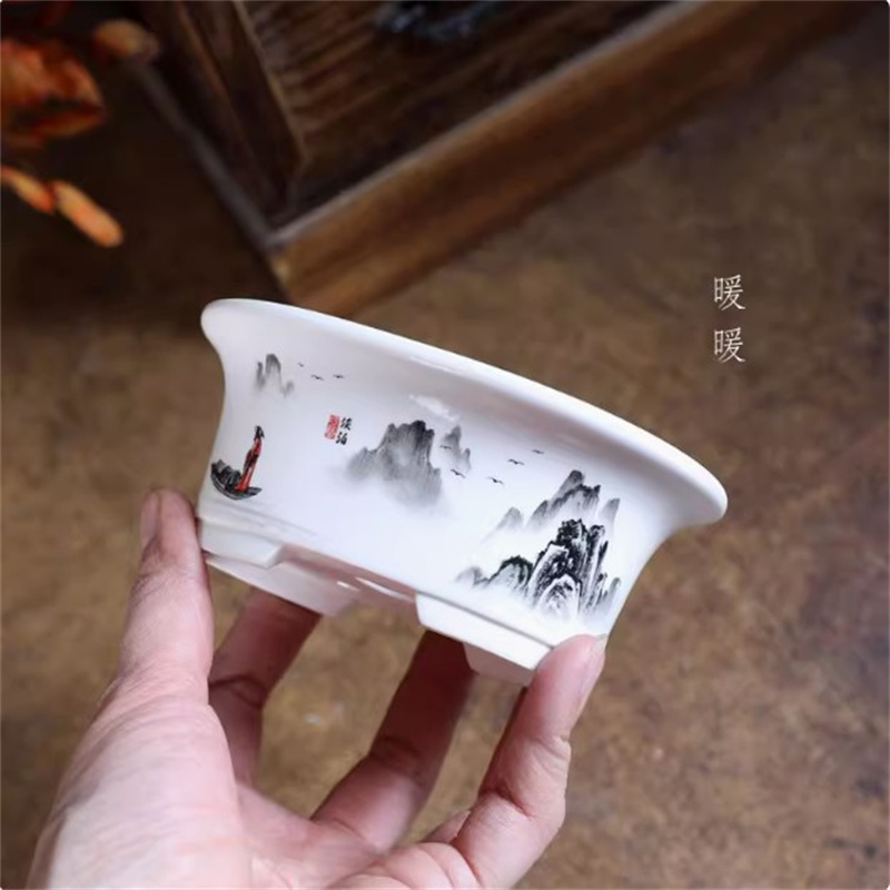 Conference Table Round - Porcelain White Oval Bonsai Pot,Mini Pot,Round,Small